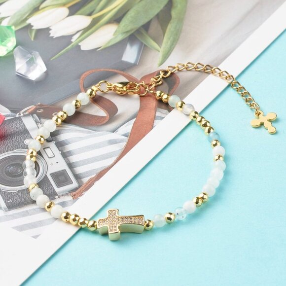 NWOT Dainty Cross Pave Cz & Natural Aquamarine, Extender Gemstone bracelet 2/$20 - Picture 1 of 5